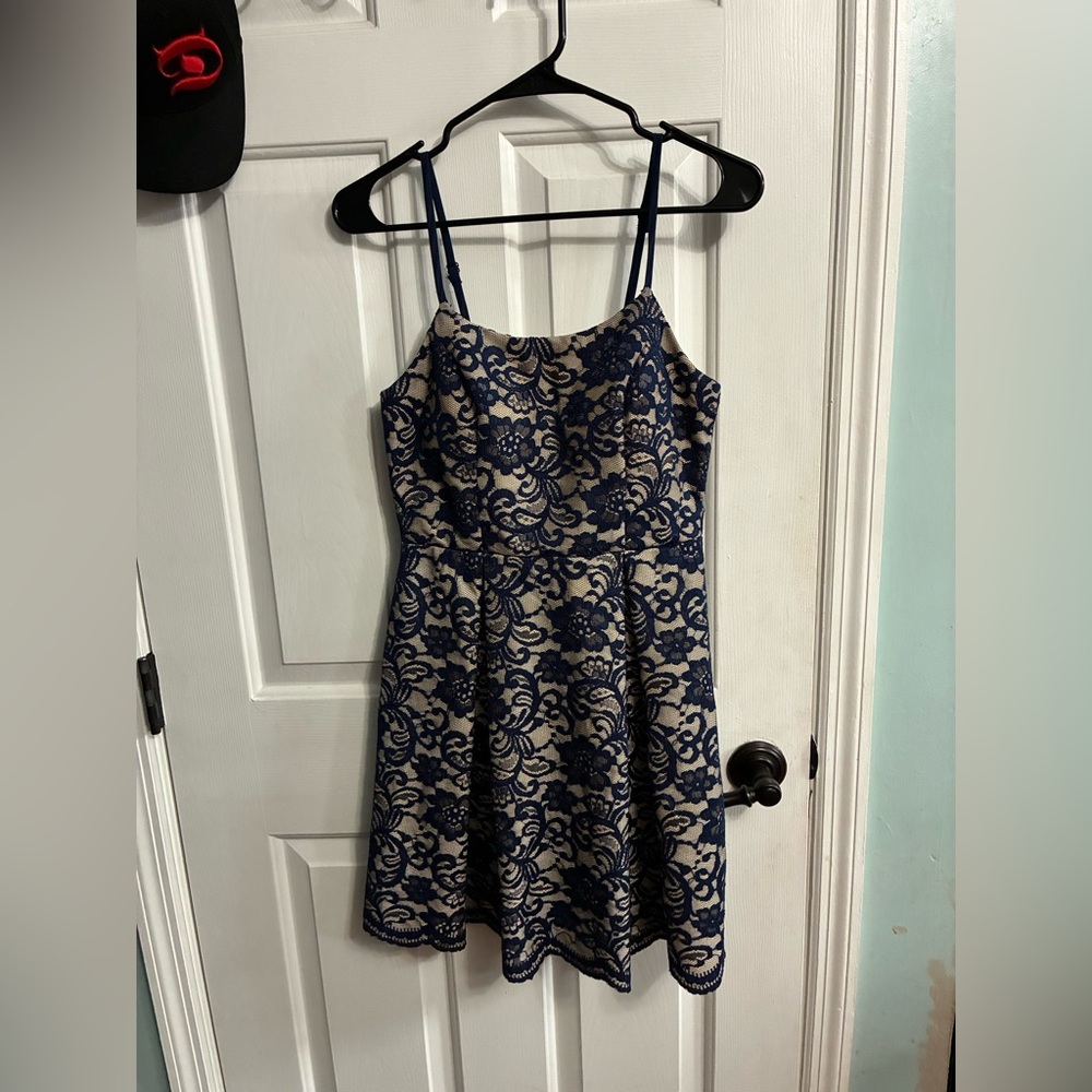 Xtraordinary Navy Lace Overlay Beige Mini Dress